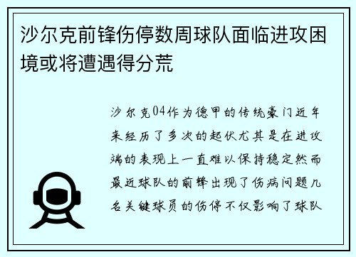 沙尔克前锋伤停数周球队面临进攻困境或将遭遇得分荒