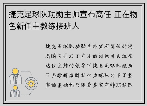 捷克足球队功勋主帅宣布离任 正在物色新任主教练接班人